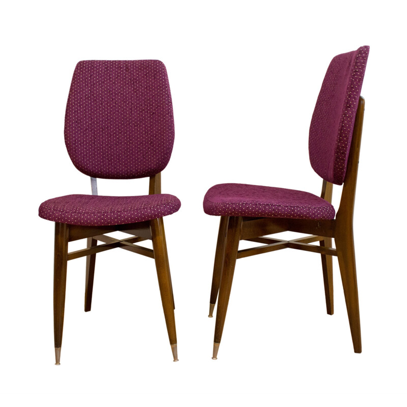 Pair of chairs walnut structure and purple fabric, France - 1960s