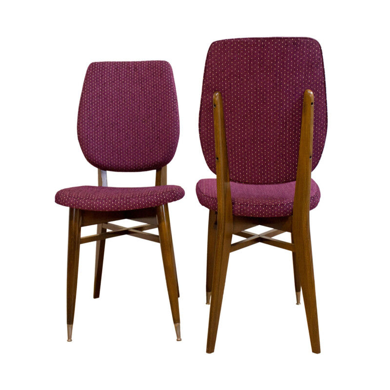 Pair of chairs walnut structure and purple fabric, France - 1960s