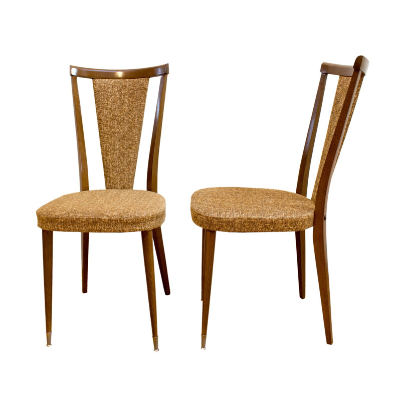 Pair of french mid-century walnut chairs with a mottled upholstery - 1970s