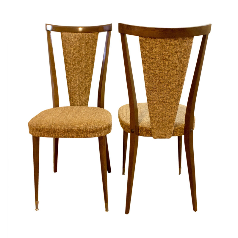 Pair of french mid-century walnut chairs with a mottled upholstery - 1970s