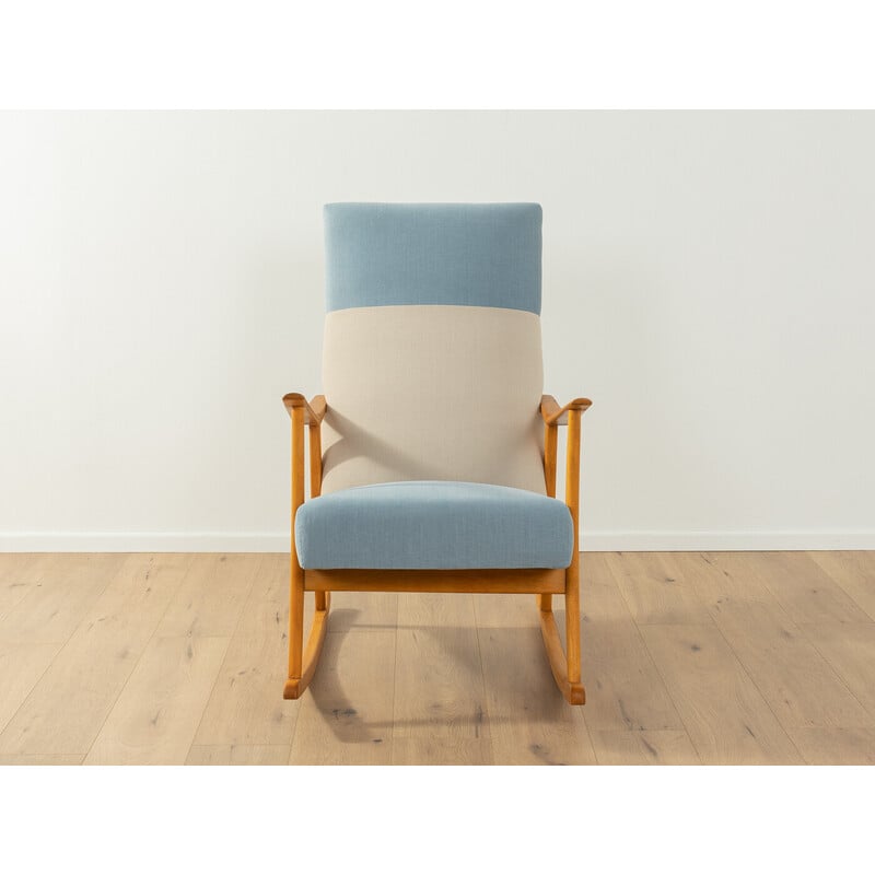 Vintage teak and blue fabric rocking chair, Germany 1950