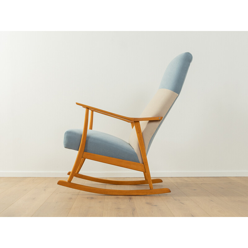 Vintage teak and blue fabric rocking chair, Germany 1950