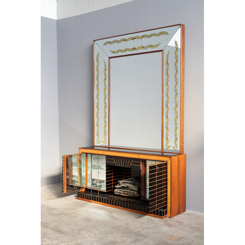 Vintage glass and rosewood sideboard with mirror by Luigi Brusotti, Italy 1990