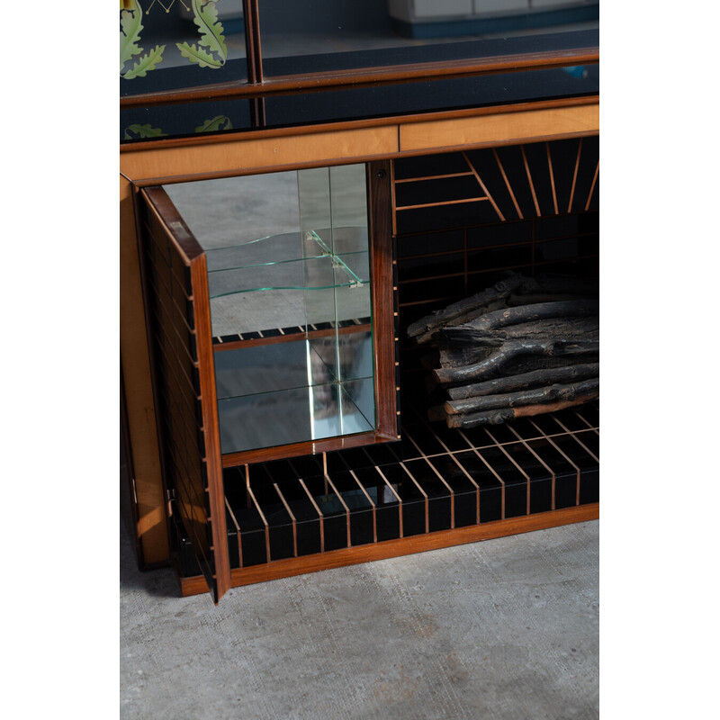 Vintage glass and rosewood sideboard with mirror by Luigi Brusotti, Italy 1990