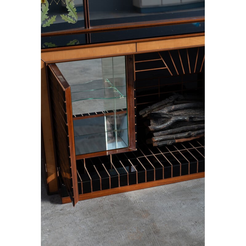Vintage glass and rosewood sideboard with mirror by Luigi Brusotti, Italy 1990