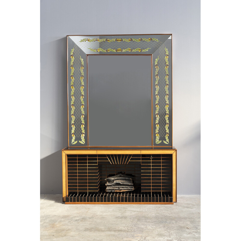 Vintage glass and rosewood sideboard with mirror by Luigi Brusotti, Italy 1990