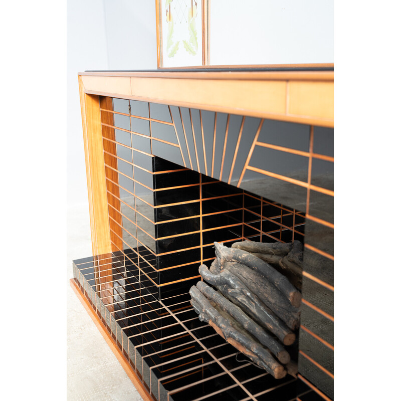 Vintage glass and rosewood sideboard with mirror by Luigi Brusotti, Italy 1990