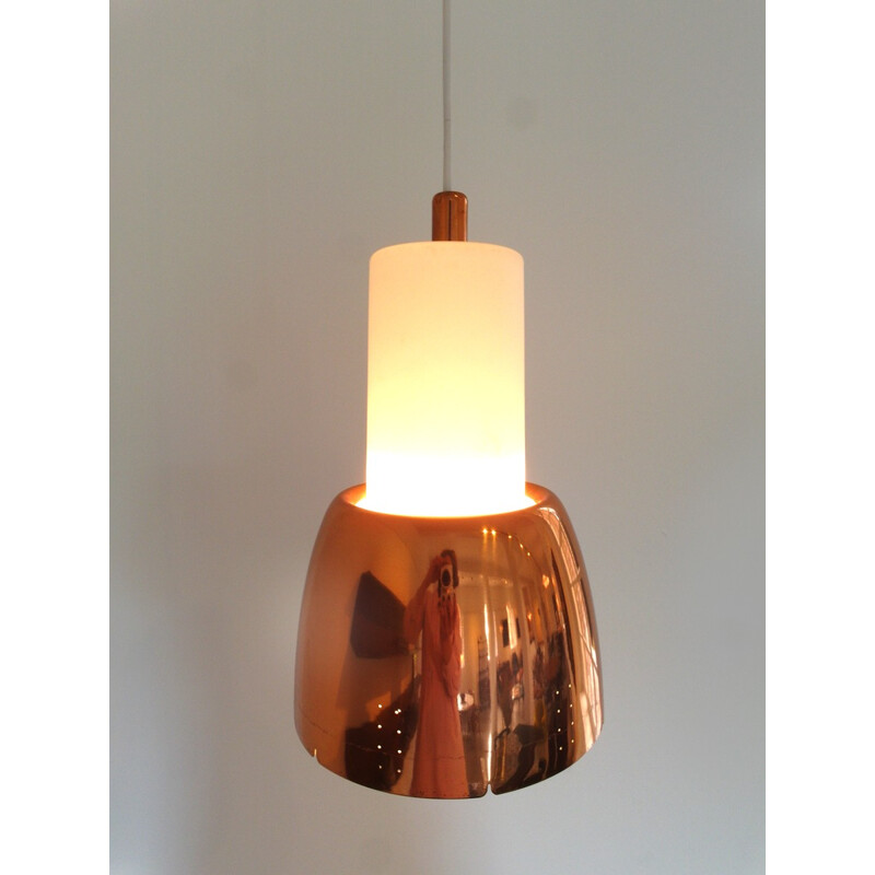 Model K2-16 Copper and Opaline Glass Pendant by Paavo Tynell for Idman, Finland - 1950s