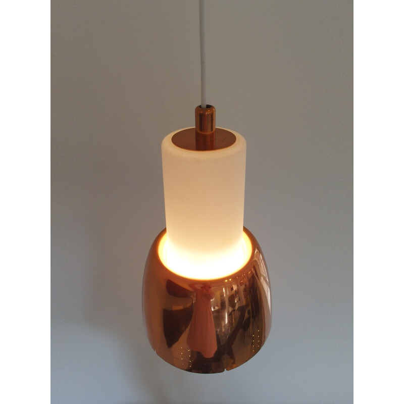 Model K2-16 Copper and Opaline Glass Pendant by Paavo Tynell for Idman, Finland - 1950s