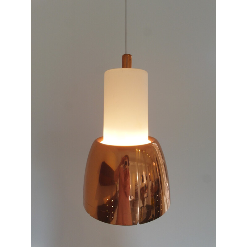 Model K2-16 Copper and Opaline Glass Pendant by Paavo Tynell for Idman, Finland - 1950s