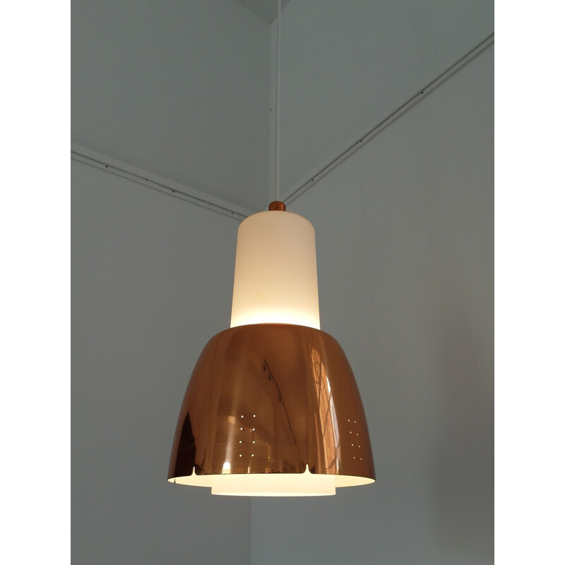Model K2-16 Copper and Opaline Glass Pendant by Paavo Tynell for Idman, Finland - 1950s