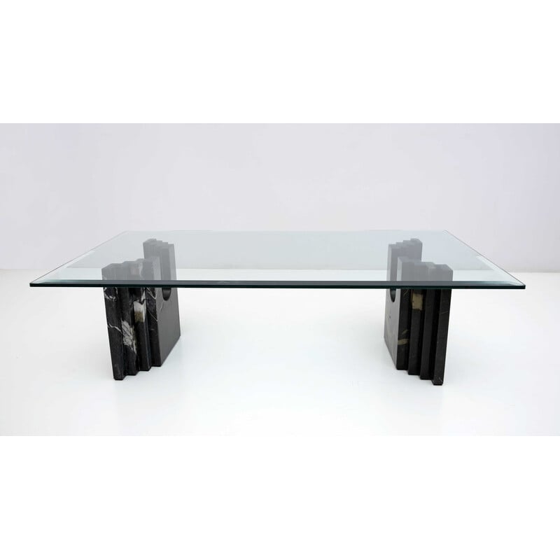 Table basse vintage en cristal et marbre noir par Carlo Scarpa pour Cattelan, Italie 1970