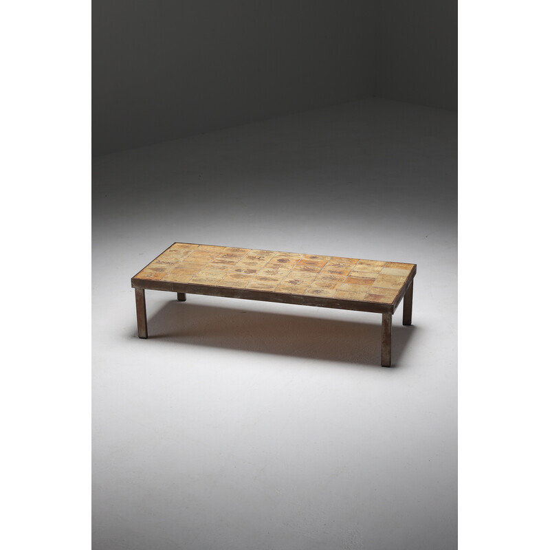 Table basse vintage en métal et céramique par Garrigue de Roger Capron, France 1960