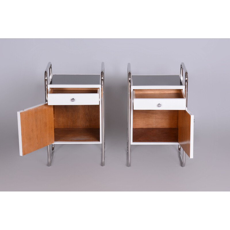 Pair of vintage night stands in steel, wood and chrome by Vichr, Czechoslovakia 1930