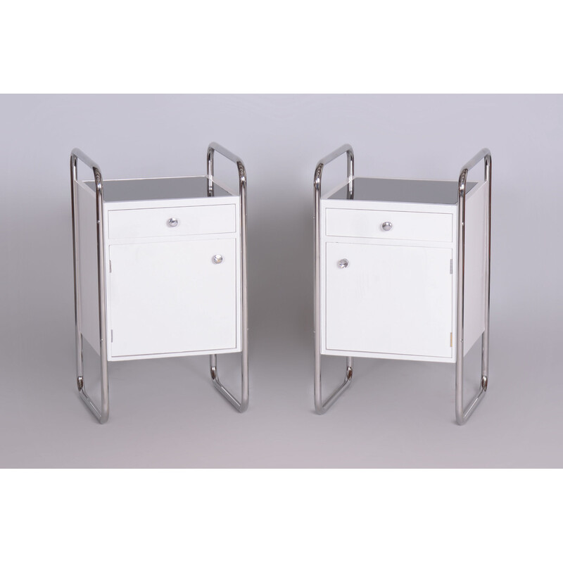 Pair of vintage night stands in steel, wood and chrome by Vichr, Czechoslovakia 1930