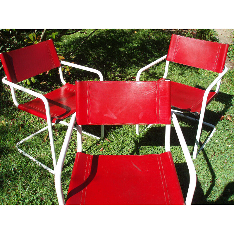 Set of 4 red leather armchairs - 1980s