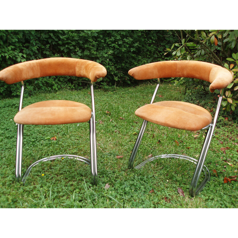 Pair of armchairs in orange fabric and chromed metal - 1990s