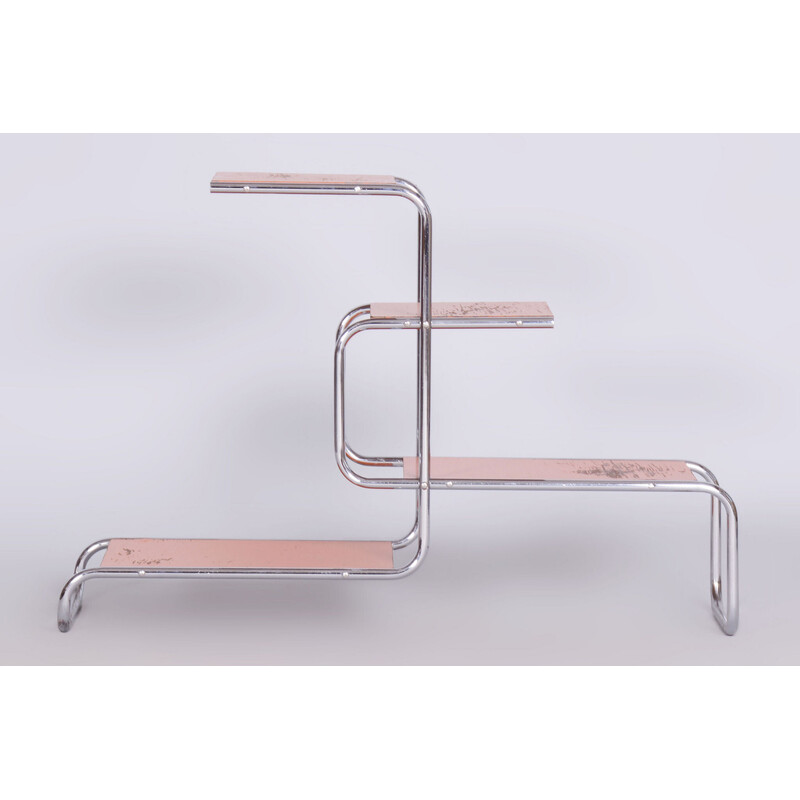 Vintage shelf in chromed steel and lacquered wood, Czechoslovakia 1930