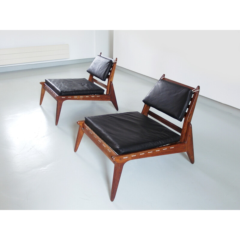 Pair of Black Leather Hunting Chairs in Oak, Germany - 1950s