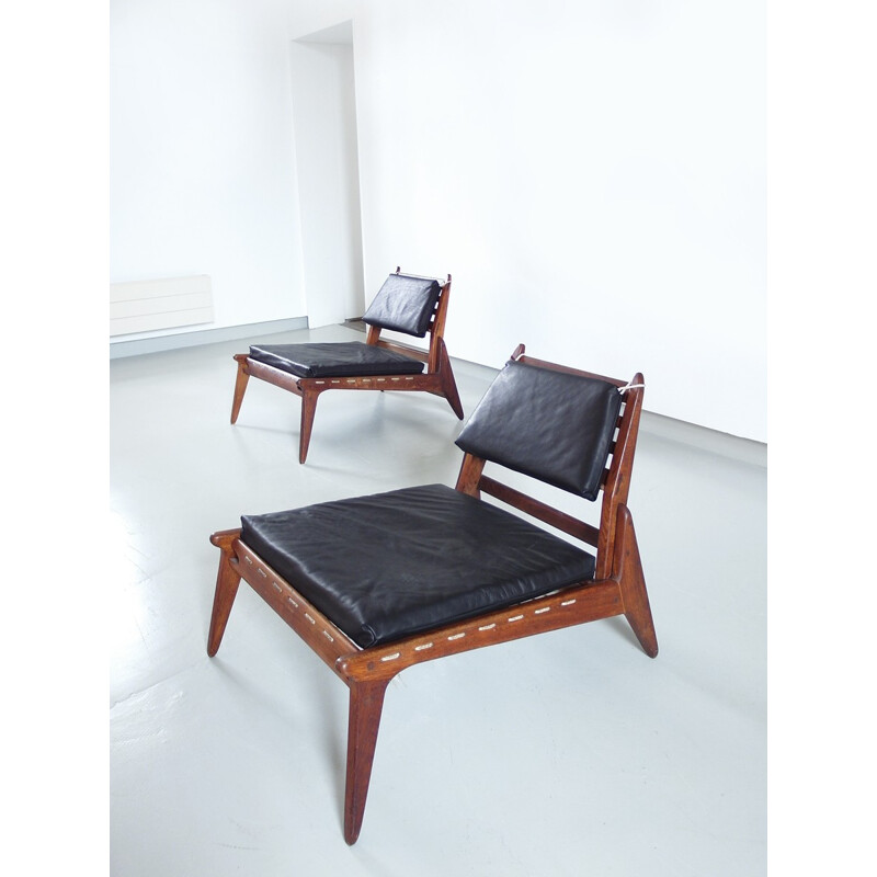 Pair of Black Leather Hunting Chairs in Oak, Germany - 1950s