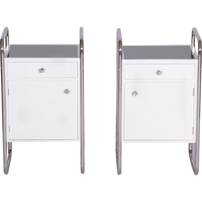 Pair of vintage night stands in steel, wood and chrome by Vichr, Czechoslovakia 1930