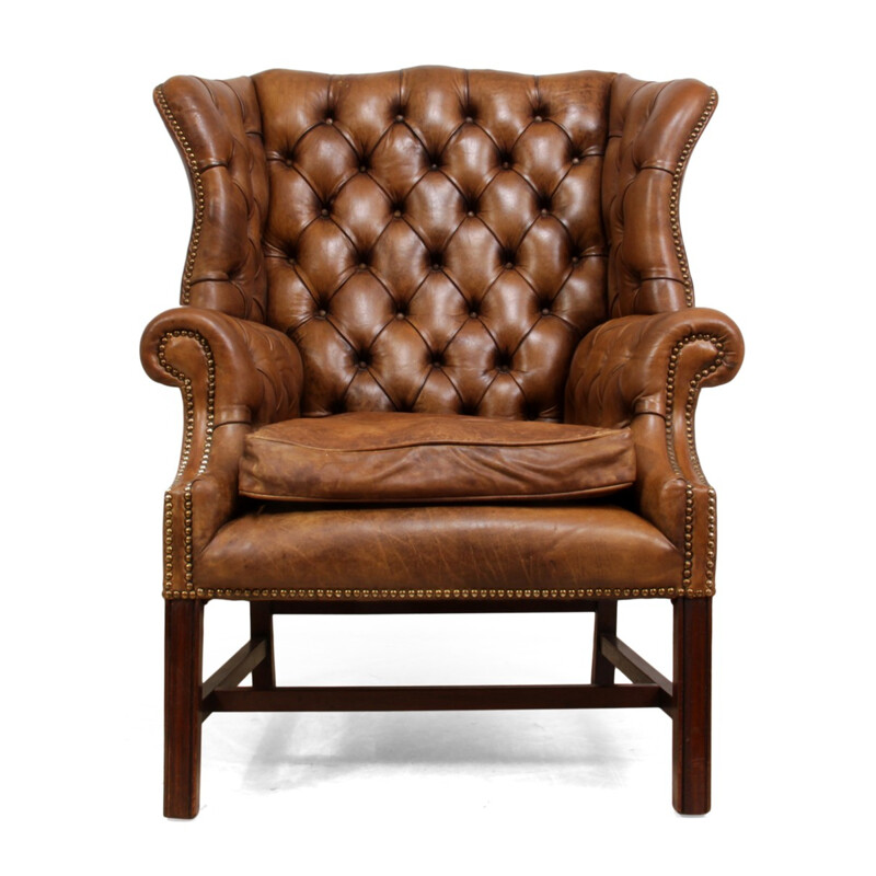 Mid century leather wing chair with solid mahogany frame - 1960s
