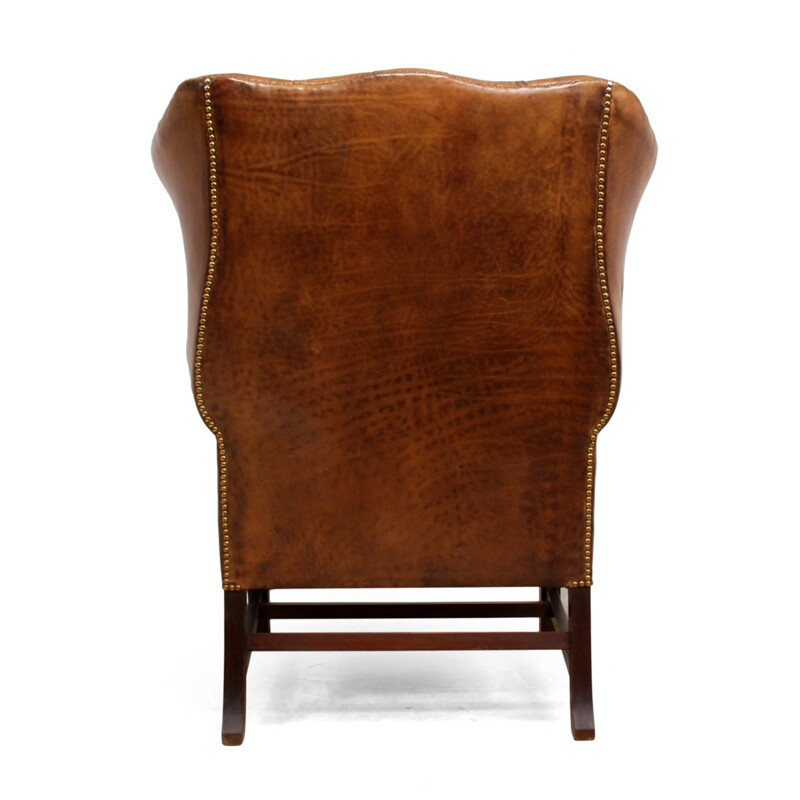 Mid century leather wing chair with solid mahogany frame - 1960s