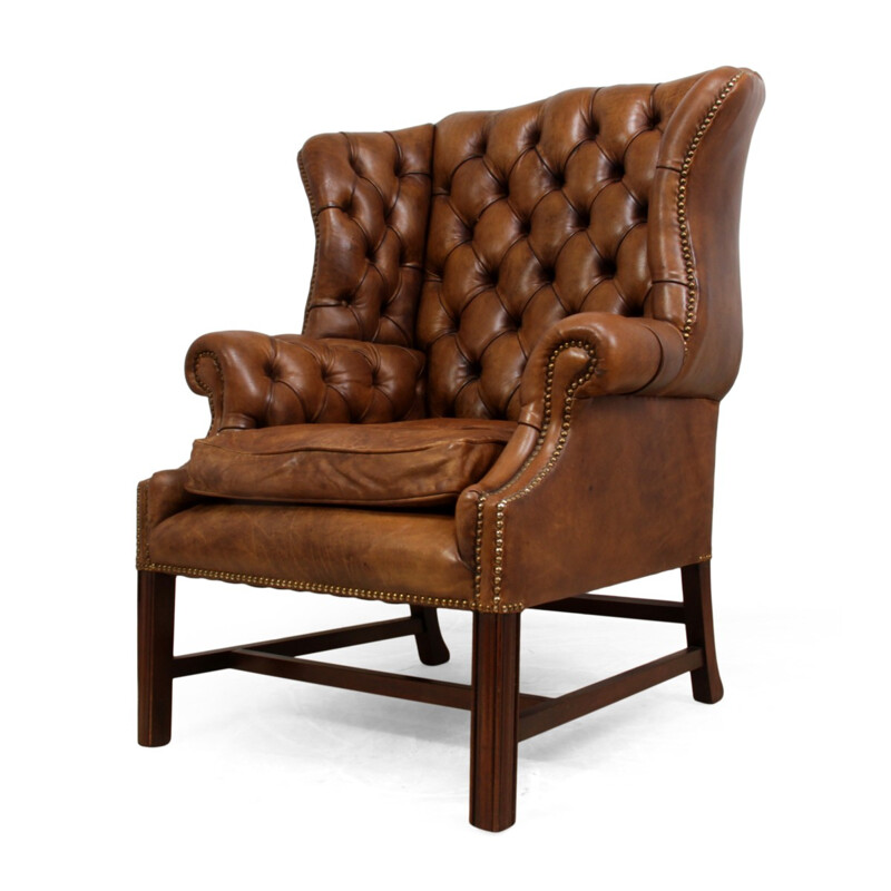 Mid century leather wing chair with solid mahogany frame - 1960s