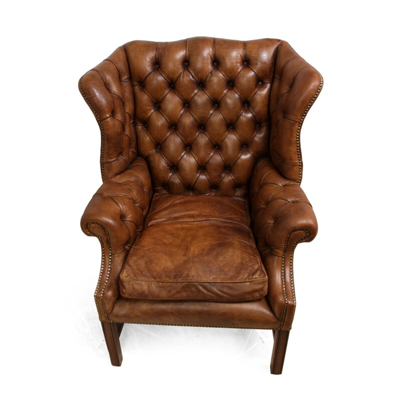 Mid century leather wing chair with solid mahogany frame - 1960s