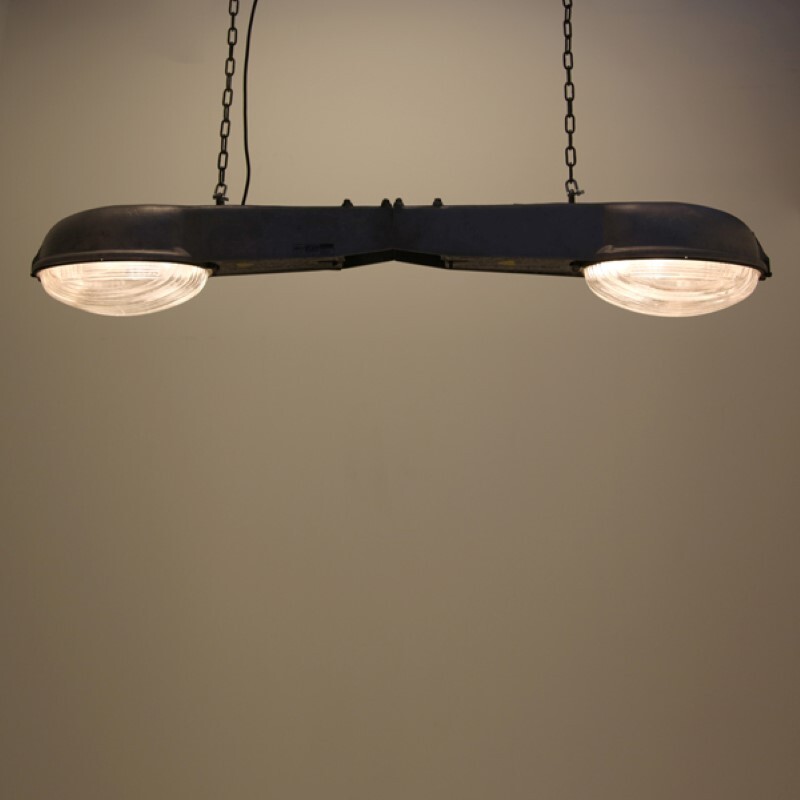 Self made industrial pendant lamp in glass and aluminium