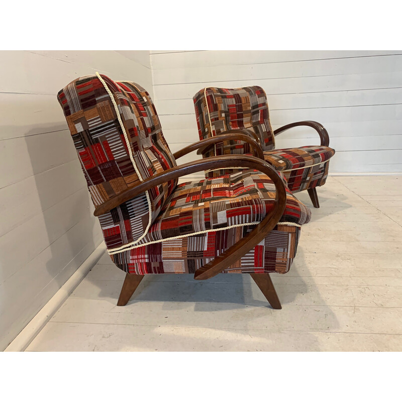 Pair of vintage red and brown armchairs by Halabala