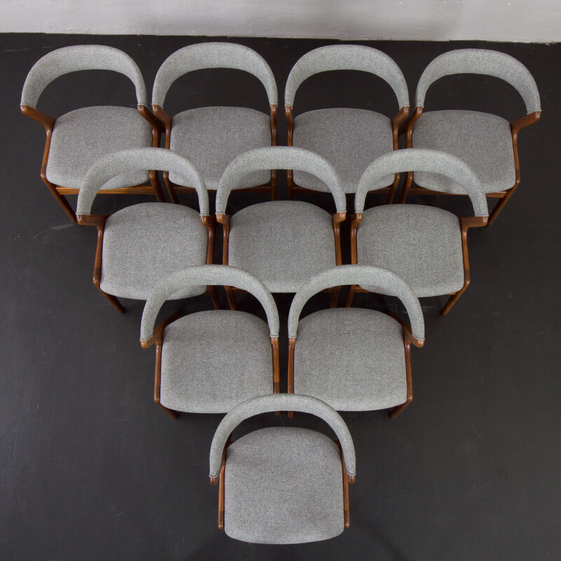 Set of 10 vintage teak and wool Fire Chairs by Kai Kristiansen, Denmark 1960