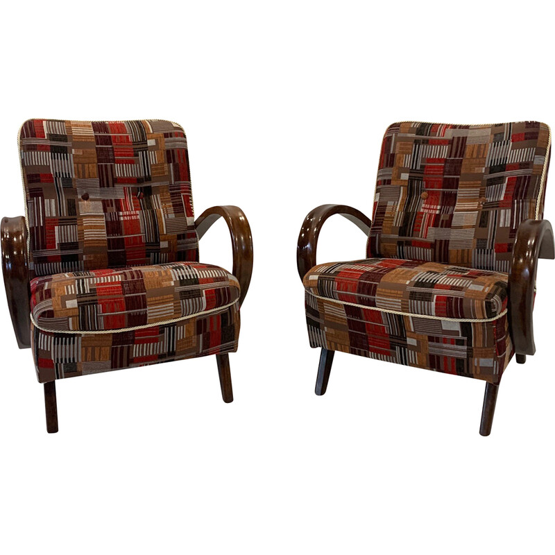 Pair of vintage red and brown armchairs by Halabala