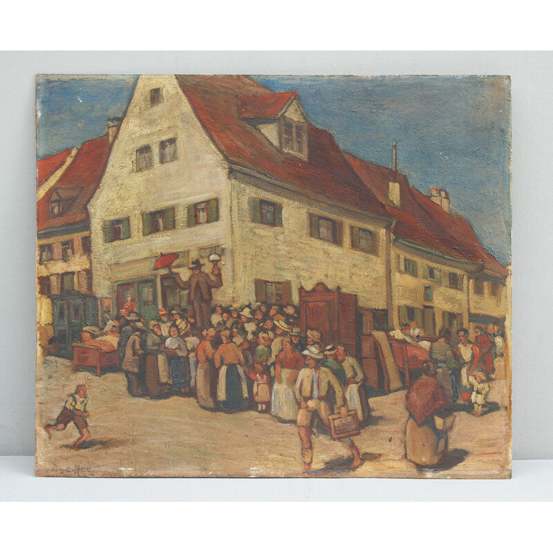 Vintage painting pattern "Auction of a house" by Ernst Crasse, Germany 1920