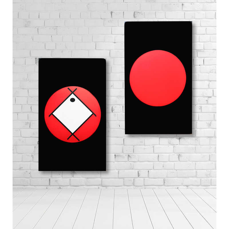 Pair of vintage Led illuminated signs painted in black, white and red, Italy 2000