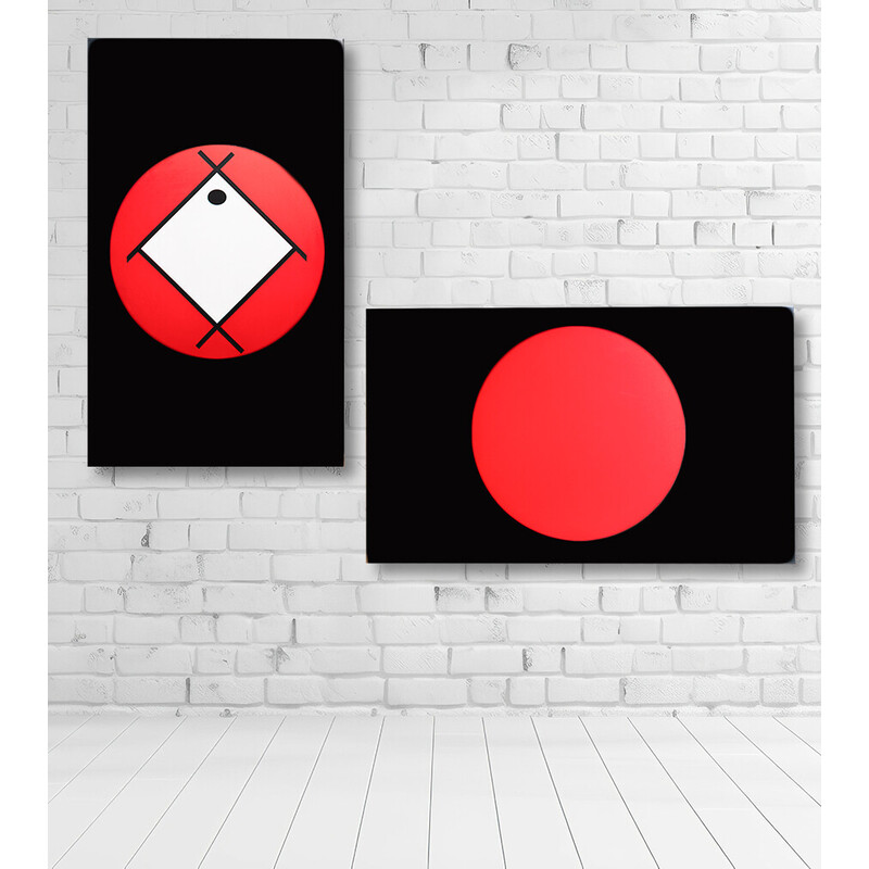 Pair of vintage Led illuminated signs painted in black, white and red, Italy 2000