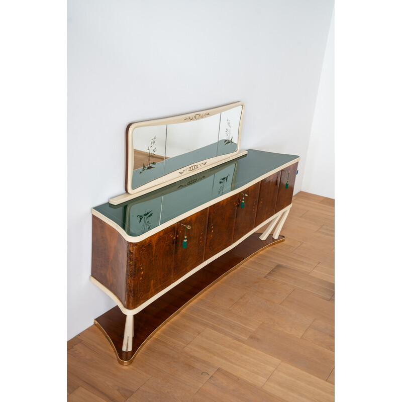 Vintage walnut, glass and brass lounge set, Italy 1950