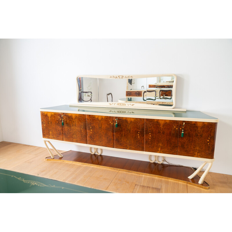 Vintage walnut, glass and brass lounge set, Italy 1950