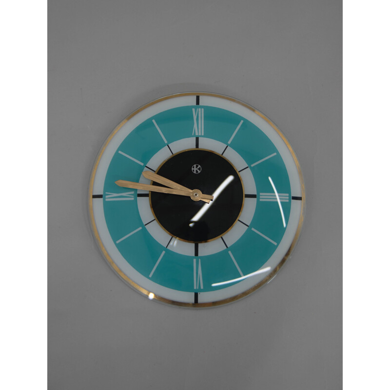 Vintage glass and brass wall clock by Klenoty, Czechoslovakia 1960