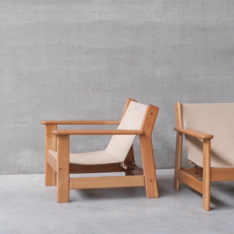 Set of vintage seats in wood, leather and canvas, France 1970