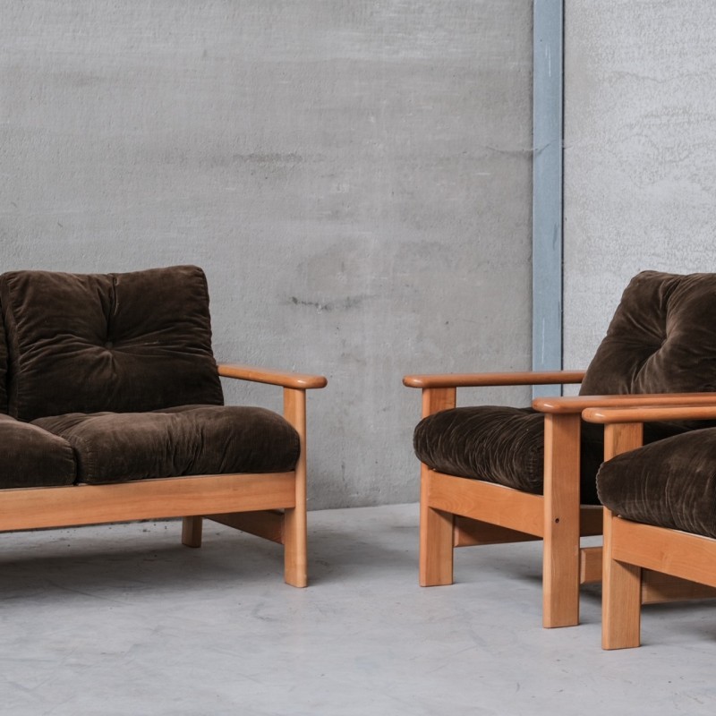Set of vintage seats in wood, leather and canvas, France 1970