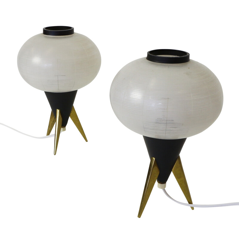 Pair of Atomic tripod table lights in glass and metal - 1950s