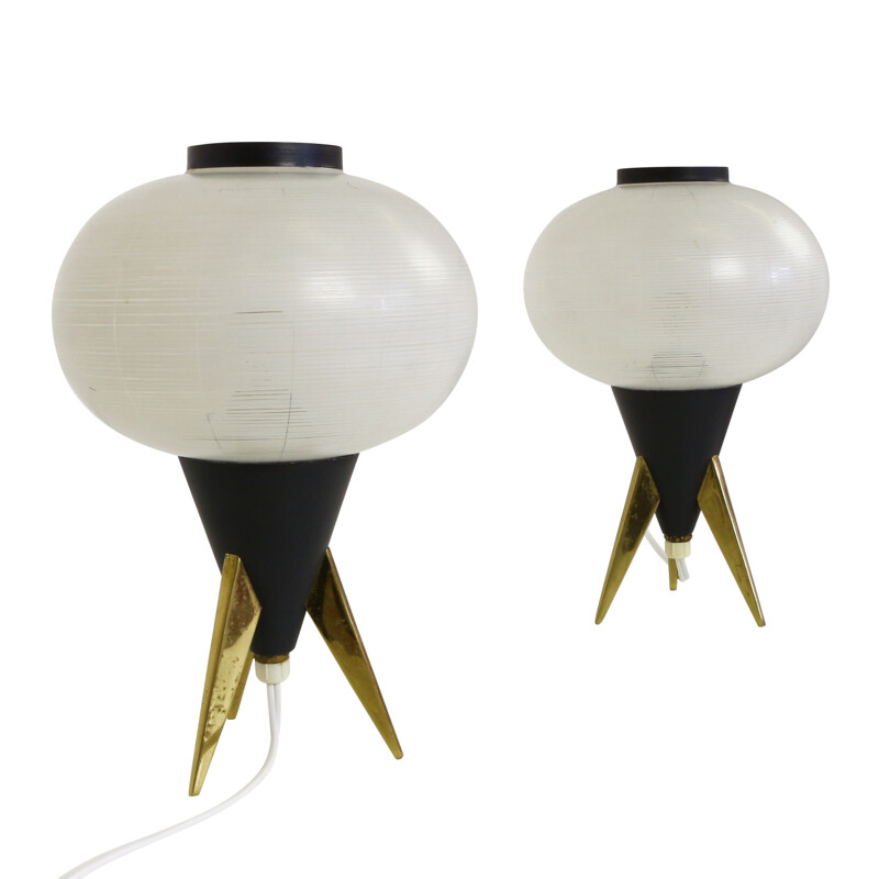 Pair of Atomic tripod table lights in glass and metal - 1950s