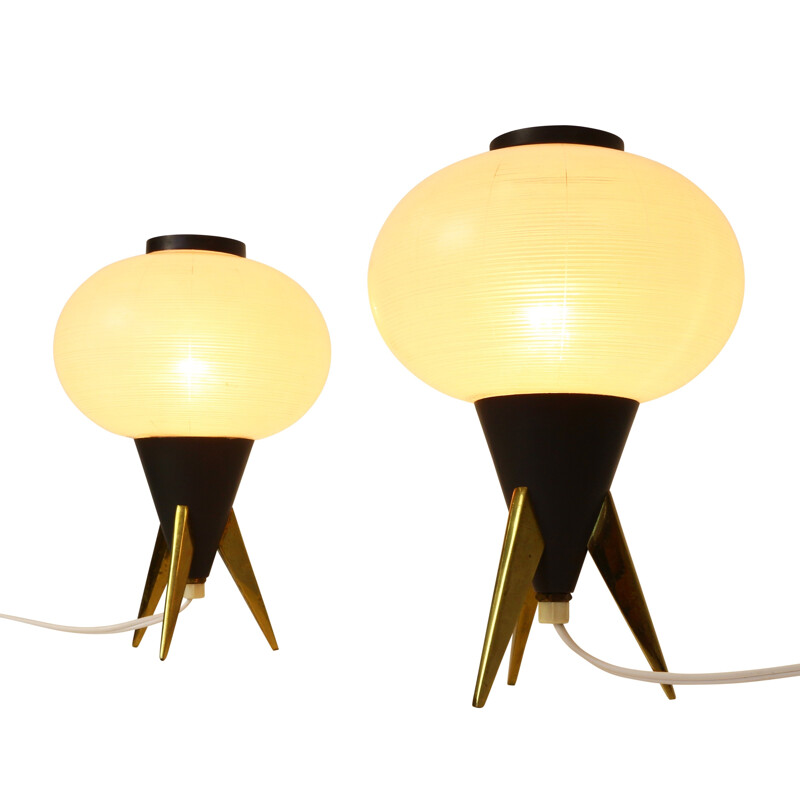 Pair of Atomic tripod table lights in glass and metal - 1950s