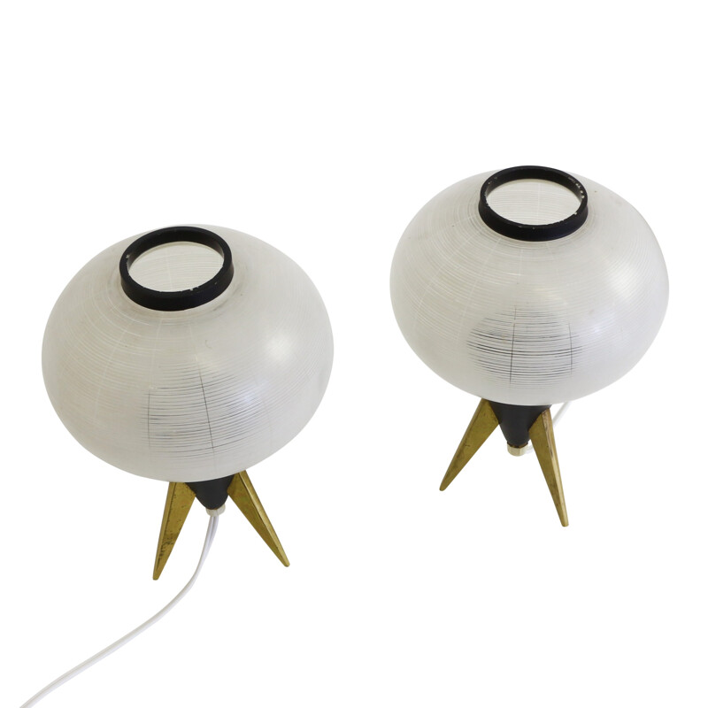 Pair of Atomic tripod table lights in glass and metal - 1950s