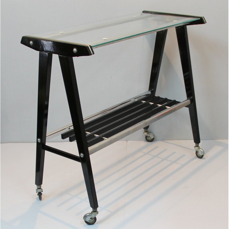 Table d'appoint noire en bois et en aluminium avec roulettes - 1960