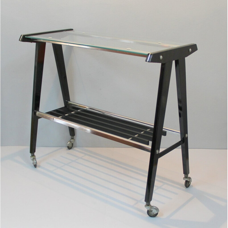 Table d'appoint noire en bois et en aluminium avec roulettes - 1960