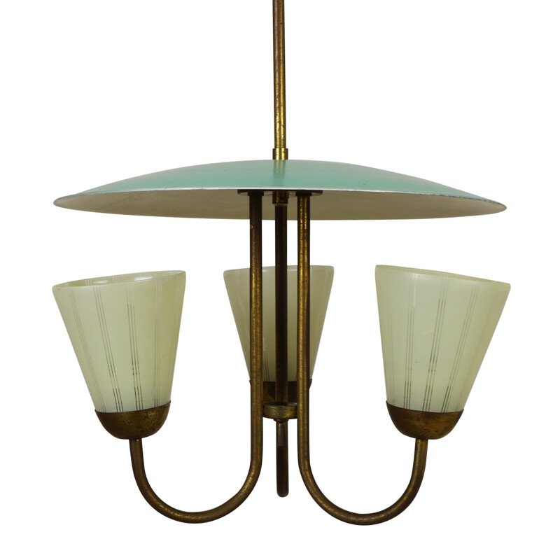 Italian triple sconce ceiling light in metal and glass - 1950s