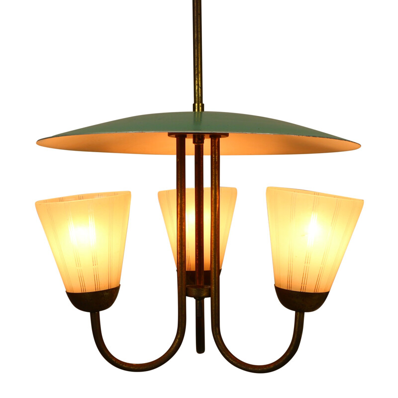 Italian triple sconce ceiling light in metal and glass - 1950s