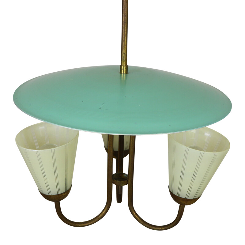 Italian triple sconce ceiling light in metal and glass - 1950s